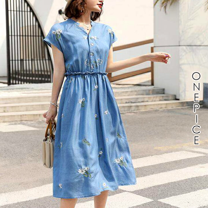 楽天市場】デニムワンピース シャツワンピース デニム 刺繍 花柄 花  