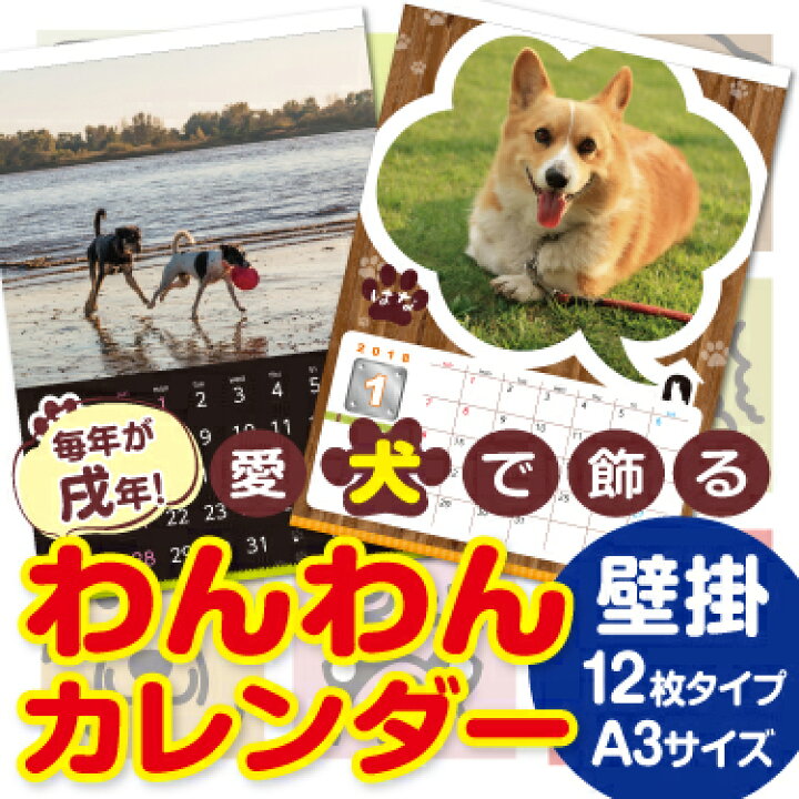 楽天市場 わんわんカレンダー 壁掛け 12枚タイプ A3サイズ 1冊 愛犬写真で簡単作成 名入れ無料 オリジナル フォト カレンダー オーダーメイド名入カレンダー スリコム