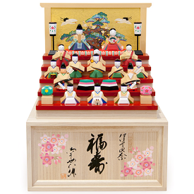 送料無料　南雲作　雛人形　伊予一刀彫り十五人揃い　木製収納台飾り　【福寿】　〈お雛様 お雛さま おひな様 おひなさま お雛飾り お内裏様 ひな祭り 雛祭り 収納タイプ 収納飾り 三月三日 桃の節句 三人官女 五人囃子 五段飾り 15人〉