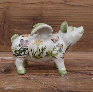 オブジェ 置き物 インテリア雑貨 家具 インテリア シノワズリ 花柄羽ブタ オーナメント Lサイズ 花柄 可愛らしい 陶器 羽ブタ