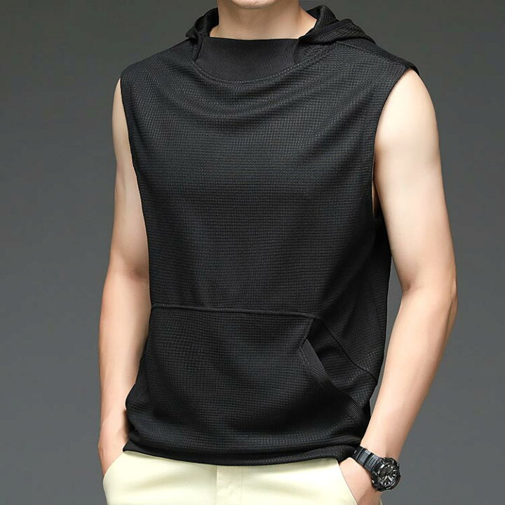 ノースリーブ Tシャツ メンズ タンクトップ パーカー ハイネック フード付き トップス チョッキ スポーツ 接触冷感 メッシュ 通気性 お洒落 運動着 涼しげ カジュアル 送料無料 夏物 夏 値頃