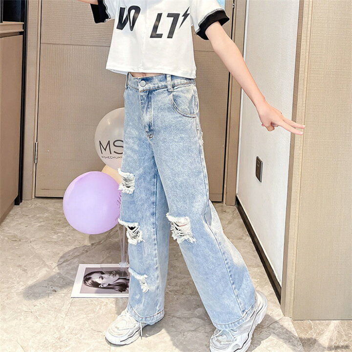 楽天市場】即納キッズ 女の子 ダメージ デニムパンツ 韓国子供服 送料 