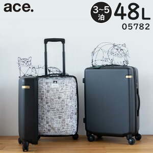 【各種利用でポイント最大27倍!】 ace. /HAyU×ace. パキラ (48L) 内装ネコ柄 ファスナータイプ スーツケース 3〜5泊用 3辺合計131cm 手荷物預け入れサイズ 05782