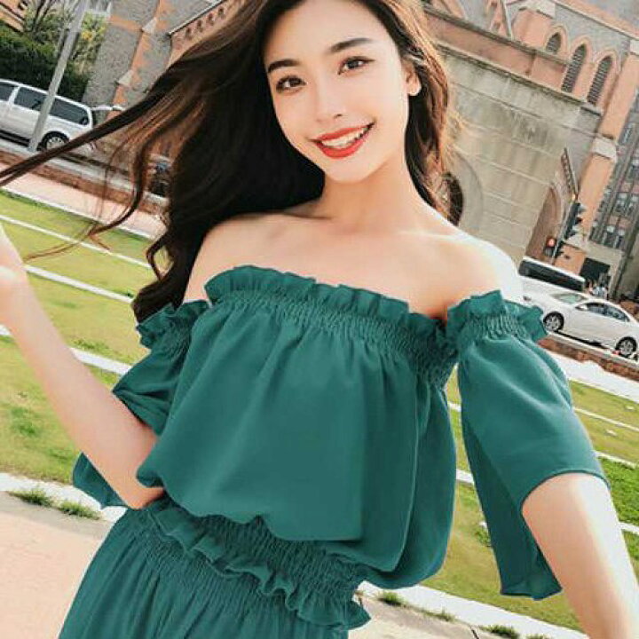 楽天市場 ツーピース セットアップ オフショルダー フリル シフォン ワイドパンツ シャーリングゴム デタッチドスリーブ フレアスリーブ トップス 無地 シック レトロ かっこかわいい リゾート 海 おでかけ バカンス 旅行 セクシー ウエストゴム ラフ 夏 トレ定
