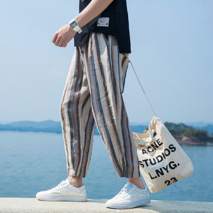 楽天市場 サルエルパンツ メンズ 綿麻 パンツ ストライプ クロップドパンツ ゆったりめ カジュアル オシャレ 夏 Winファッション