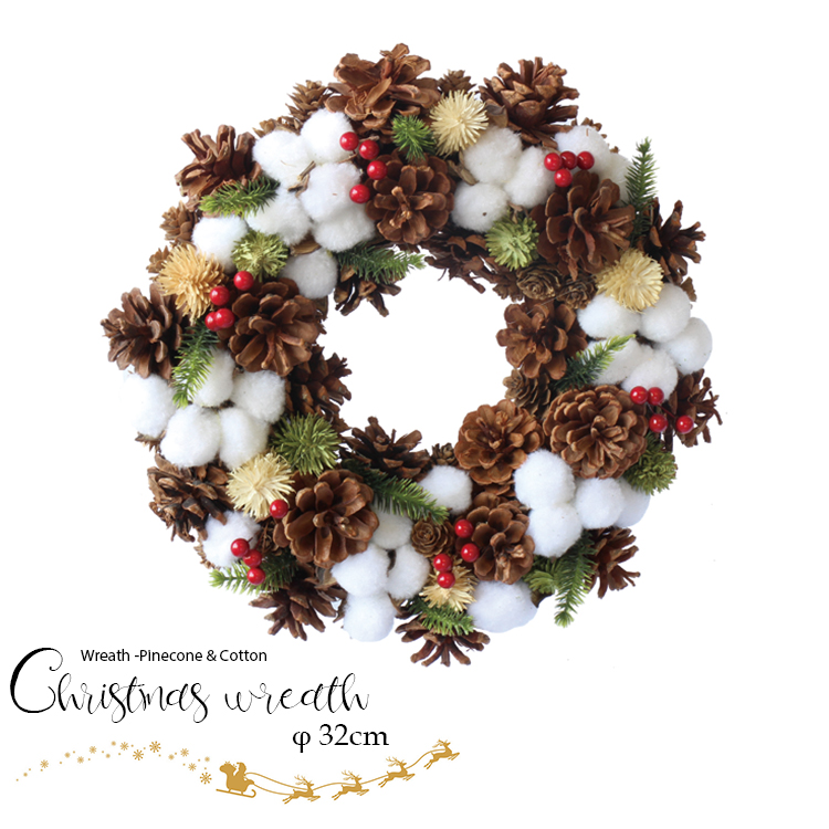 全品最安値に挑戦 コットンボールがナチュラルで可愛らしいリース 送料無料 彩か Saika メーカー直売 Wreath -Pinecone M クリスマスリース 32cm CXO-561M Cotton リボン