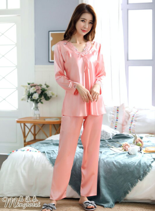 代引可】 シルク風パジャマ セットアップ ピンク おしゃれ 軽い かわいい