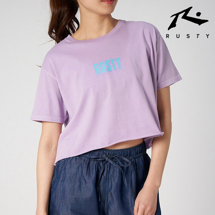 楽天市場 正規品 ラスティー Rusty 人気 レディース 女性用 ハンソデ 半袖 ｔシャツ プリント ロゴ サーフブランド スポーツ トレーニング フィットネス カジュアル 可愛い パープル系 薄紫 ショート丈 綿 M L 春夏 Faspo
