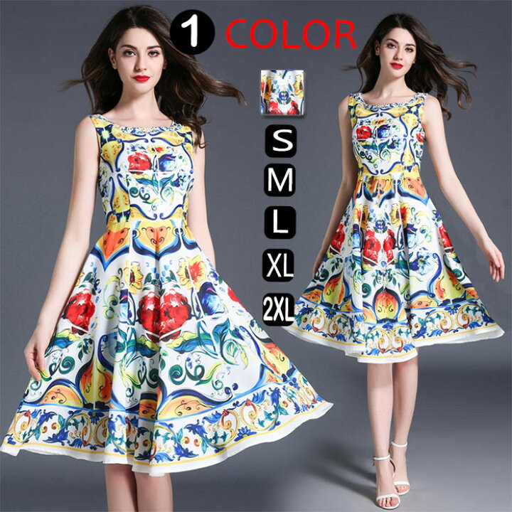 楽天市場 Chuten ワンピース ａラインワンピース ノースリーブ 大きいサイズ 膝丈 ミモレ丈ワンピ プリント 花柄 パーティードレス フレアワンピ セレブ風 パーティー フォーマル 二次会 通勤 ビジネス Ol オフィス ファッション シンプル 着痩せ フェミニン 18