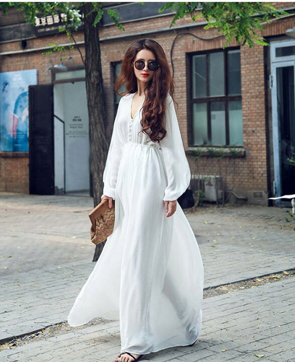 楽天市場 Chuten ワンピース 長袖 ボヘミアン風 マキシワンピース リゾートワンピース 無地 大きいサイズ レディース シフォン ロング丈 ワンピース カジュアル 夏ワンピース 白ワンピース 着痩せ ビーチワンピース マキシ丈 旅行最適 マキシワンピ 18新作 中天商事