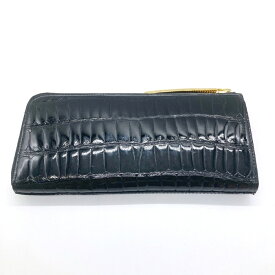 池田工芸 イケダコウゲイ クロコダイル レザー 長財布 L字ジップ ウォレット JRAタグ 艶あり ブラック 【中古】 rm