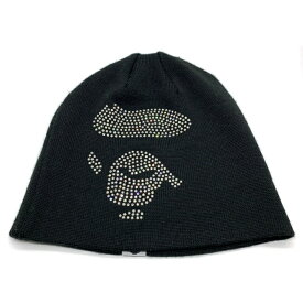 A BATHING APE アベイシングエイプ スワロフスキー フェイス ビーニー ニットキャップ ブラック ウール アクリル 日本製【中古】 rf