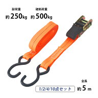 送料無料 ラッシングベルト ラチェット式 1本/2本/4本/10本セット 全長 5m 幅約25mm 耐荷重約250kg 破断…