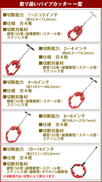 楽天市場 送料無料 パイプカッター 4枚刃 対応パイプ外径 約6 8インチ 6b 8b 約168 2 219 1mm 150a 0a パイプカッタ 単管カッター 切断機 手動 パイプ用 カッター パイプ 管 切断 単管 埋設管 鋼管 Sg管 被覆鋼管 スチール管 ステンレス管 作業工具 配管工具 水道