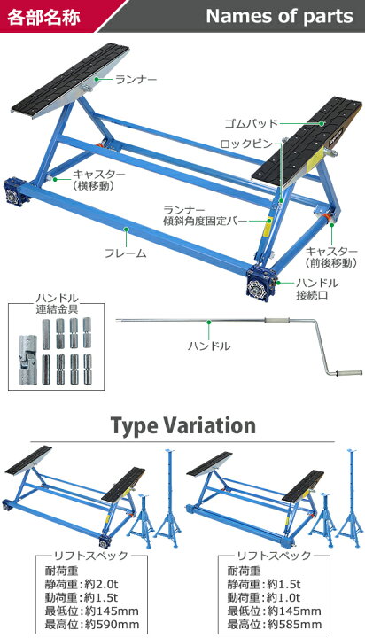 楽天市場】送料無料 手動式 自動車整備用リフト 静荷重約2.0t 2t 
