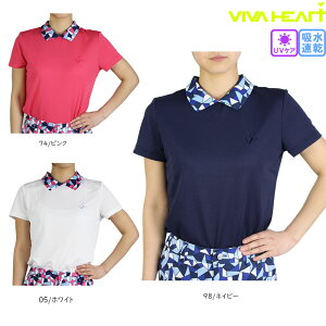 50%OFF セール ゴルフウェア ビバハート レディース 襟モザイク柄 半袖シャツ 012-22441 バックボタン 吸水速乾 UV ホワイト/ネイビー/ピンク 全3色 春夏 VIVA HEART