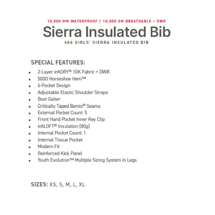 686 Girls' Sierra Insulated Bib –