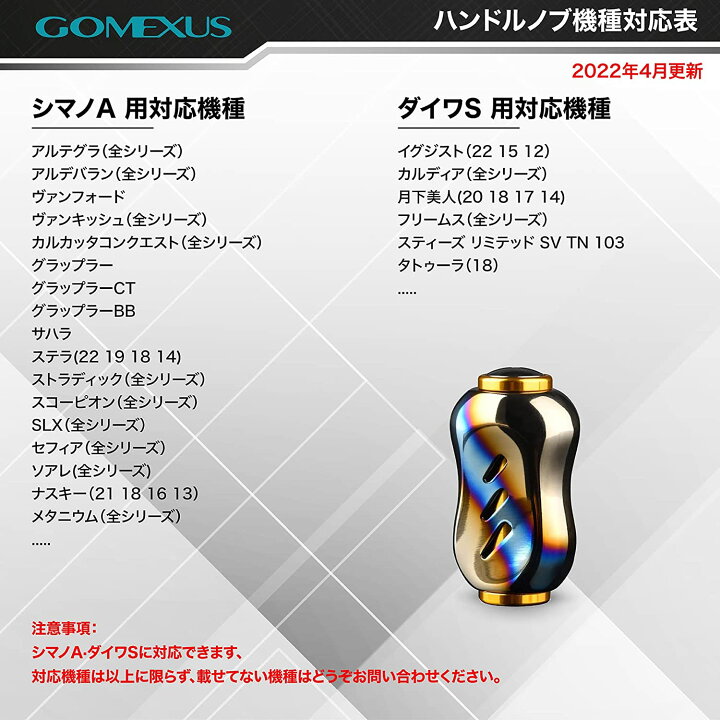 楽天市場 送料無料 ゴメクサス Gomexus 22mm チタン製 リール ハンドル ノブ 銀河 シマノ Shimano Typea ダイワ Daiwa Type S スピニングリール ベイトリール カスタム パーツ 交換 ナスキー 18 レガリス フリームス Lt 用 17 スコーピオン Dc 19 セルテート
