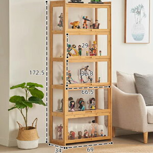 【レビュー特典】収納ラック 3段 幅69cm 奥行34cm 本棚 透明 ブラウン アクリル扉 リビング収納 シンプル フィギュア収納棚 竹製 4段 おしゃれ ナチュラル 省スペース 展示ラック 引き扉 5段 見