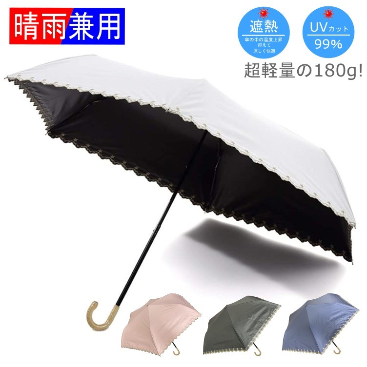 折りたたみ 日傘 折りたたみ傘 完全遮光 超軽量 180g 遮熱 UVカット 100％ 遮光 レディース 晴雨兼用 かわいい スカラップ カット