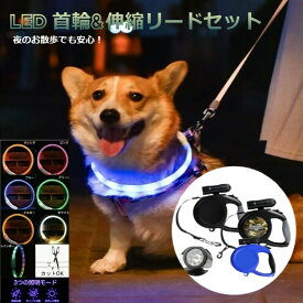 【セット】LED 首輪＆伸縮リード　犬 首輪 光る　夜 お散歩 安全対策