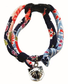 【首輪処】 猫用首輪 和柄 花火紺・猫シルバー 猫鈴 チャーム セーフティーバックル付 アクセサリー