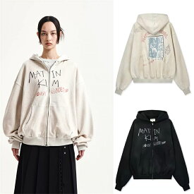 Matin Kim マーティンキム コット カーディガン 落書き ニット ジップアップ ジップパーカー セーター 韓国ファッション 春 秋 冬 ブラック ホワイト
