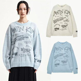 2026 Matin Kim マーティンキム トップス Tシャツ カットソー 丸襟 アルファベット カーディガン 落書き ニット セーター 韓国ファッション レディースファッション 春 秋 冬 ホワイト ブルー