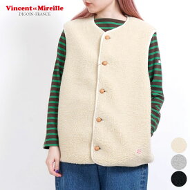 【25FW新作】ヴァンソン エ ミレイユ VINCENT ET MIREILLE ボア ベスト BOA VEST VM252BL2504 アウター レディース 軽量 保温 重ね着 裏地 柄 くるみボタン ポケット 洗濯可能 イージーケア ポリエステル100 [ 2025 FW 秋 冬 ]