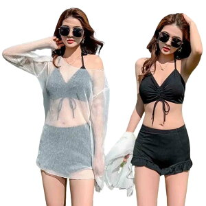 【送料無料】レディース 水着 3点セット 可愛い水着 ショートパンツ ジャケット付き パット付き タンキニ ラッシュガード ビキニ 体型カバー 透け感 ビーチウェア スパ ハイウエスト シフォ