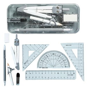 【送料無料】DEVENTORZ 分度器 三角定規 セット 算数定規セット 9点セット 幾何学コンパスセット 半円分度器 替え芯 消しゴム 鉛筆 コンパス 小学生中学生 文房具 学用品 クリアケース付 ブル