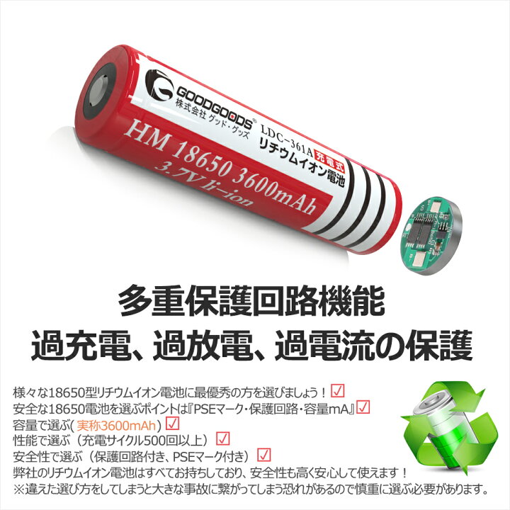 楽天市場 Goodgoods 2本セット 18650 リチウムイオンバッテリー 3 7v 3600mah 18650 充電池 電池 18650 リチウム プロテクト機能付き 保護回路付き二次電池 Led 懐中電灯用 ヘッドライト用 電子タバコ用 カメラ用 電卓用 自転車ライト用 Ldc 362a グッド グッズ