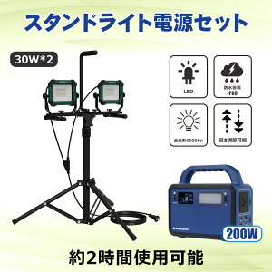 【セット出品】スタンドライト ポータブル電源セット エリアライト AC100V 60W 6000LM 昼光色 2灯式 LED投光器 投光器 照射角度120° 昼光色 IP65 防水 5mコード プラグ付き 高さ調節可能 2時間連続使