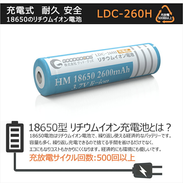 楽天市場 0のつく日 10 Off 電池 バッテリー 充電式 高性能 リチウムイオンバッテリー 3 7v 2600mah 18650 充電池 充電電池 プロテクト機能付き 保護回路付き 懐中電灯用 ヘッドライト用 自転車ライト用 Ldc 260h グッド グッズ Led照明通販
