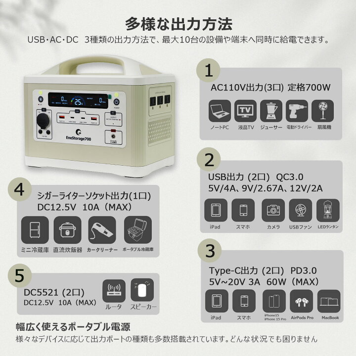 楽天市場】ポータブル電源 大容量 537.6Wh 700W 100V 長時間 リン酸鉄 