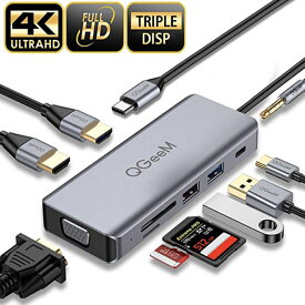 【期間中エントリーでP5倍】【6ヶ月保証】QGeem USB 9in1 ハブ USB 3.0 変換 アダプター VGA USB Type C 4K ダブルHDMI USB C USB 3.0 SD/microSD/TF カードリーダー 3.5mm macbook ChromeBook iPad Air5(2022) Air4 Pro 2021/2020/2018