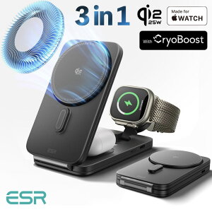 ESR 3in1 �[�d�� Qi2.2�Ή� 25W MagSafe�[�d��iCryoBoost���ځj �܂肽���ݎ��X�}�z��p���C�����X�[�d�� iPhone 17/16�iiOS 26�Ή��E50W�A�_�v�^�[�t���j AirPods Apple Watch�p �u���b�N