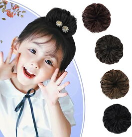 【2個セット＆子供が大好き！】ウィッグ お団子 子供 (2個セット) カール ポイントウィッグ シュシュ 髪飾り 和装 浴衣 七五三 お祭り 簡単 部分ウィッグ 付け毛 キッズ