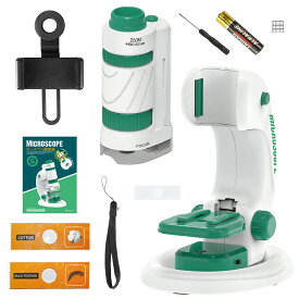 【スマホ撮影に対応＆着脱式】顕微鏡 子供用ミニ顕微鏡セット ハンディ顕微鏡 60～180倍 小学生 ポータブル おでかけ顕微鏡 着脱式 日本語説明書 LED 標本2枚/スライドガラス2枚 / バッテリ/スマホホルダー 自由研究