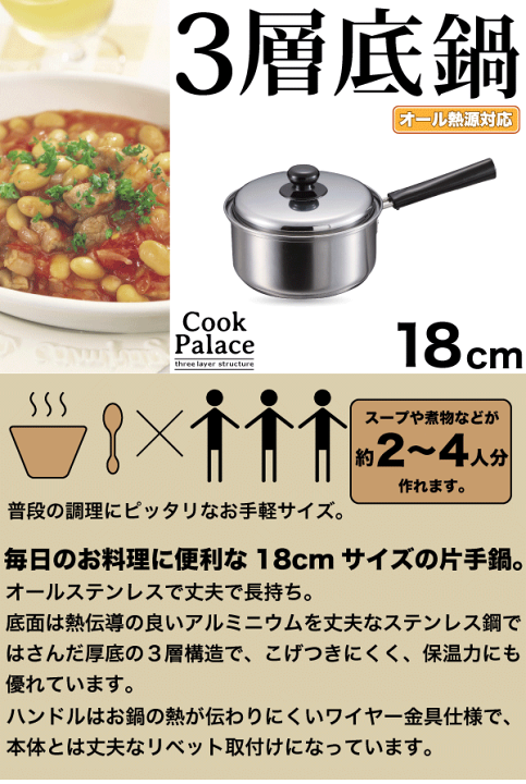 楽天市場】送料無料 3層底鍋 ステンレス ガス火 IH対応 片手鍋 18cm