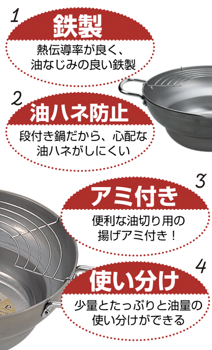 楽天市場】【○日本製】食三昧 鉄製段付き天ぷら鍋 28cm 油切り 楽天市場】【○日本製】食三昧 鉄製段付き天ぷら鍋 28cm 油切り