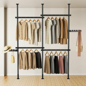 Withstar突っ張り式ハンガーラック2段ポールハンガー洗濯物干し竿室内突っ張り棒天井全体耐荷重120kg縦横伸縮可能幅160-240cm高さ110-315cm調節可能なキャップフックスロット付き大容量ブラック