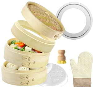 せいろ蒸し器蒸し板【高さ調整輪断熱手袋シート100枚ブラシ付】中華せいろ竹製蒸篭2段職人手作り竹セイロ業務用蒸し料理茶わん蒸し健康調理(せいろ本体:21cm/蒸し板(受け台):22cm)