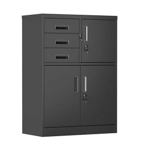 GangMeiスチール書庫鍵付き書庫スチールキャビネット3段引き出し付き両開き幅80x奥行40x高さ110cm書棚本棚扉付きオフィス事務事務所病院施設学校用要組立品ブラック