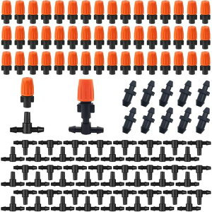 CTRICALVER灌漑システム散水システム自動散水セット50個点滴ノズル調節可能な灌漑ミストノズル50個のTコネクタと10個のエンドプラグ庭の温室パティオの芝生用