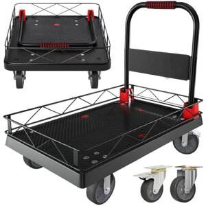 EastEamily台車大型四方ガード付き折りたたみ手押し台車ストッパー付き90x60cm耐荷重400KGスチール製平台車運搬車5インチキャスター静音防滑360度回転ブレーキ付き多機能持ち運び便利農業建…