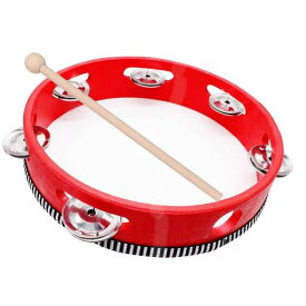 タンバリン 楽器 打楽器 ダンス バレエ 木製 コンパクト 軽量 お手軽タンバリン 直径20cm (赤)