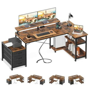 ODKパソコンデスク引き出し3杯付きゲーミングデスクコンセント付きl字デスクデスク机幅184/146*80pcデスク棚付き収納オフィスデスク在宅勤務仕事用組立簡単ビンテージ