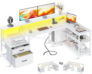 ODKパソコンデスク引き出し2杯付きゲーミングデスクコンセント付きl字デスク机pcデスク勉強机棚付きオフィスデスクワークデスク幅172事務机在宅勤務組立簡単ホワイト