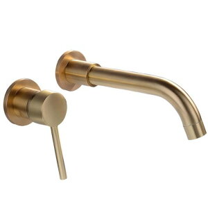 壁付水栓冷熱混合栓回転式埋め込み式洗面所キャビネットゴールド冷温水混合栓真鍮製インウォールタイプ一体型360°回転スプート冬暖夏涼ダブルフローABSエアレーター防飛散精銅セラミ…